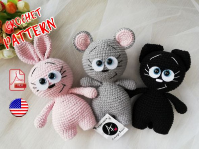 3 in 1 set Crochet Pattern Bunny, Mouse, Cat